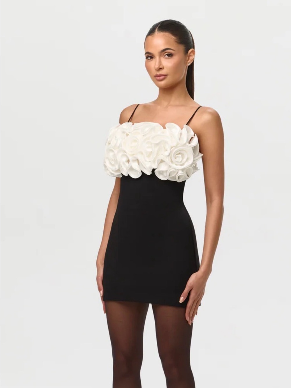 White Floral Bust Black Mini Dress with Spaghetti Straps - Picture 2 of 3